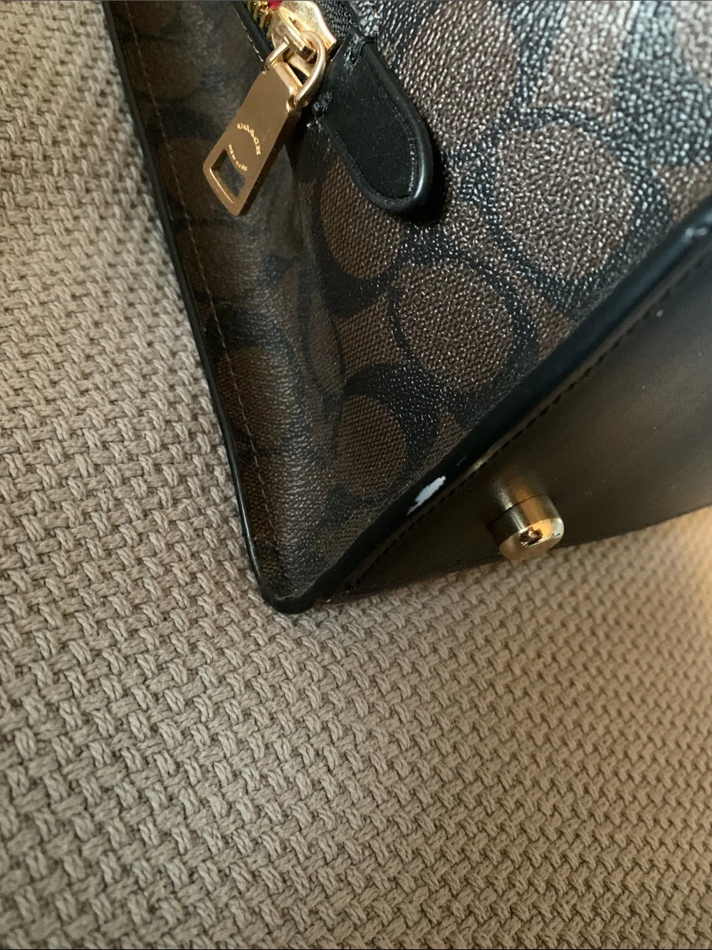 Coach Brown Signature Canvas Tote with Black Straps and Gold Hardware
